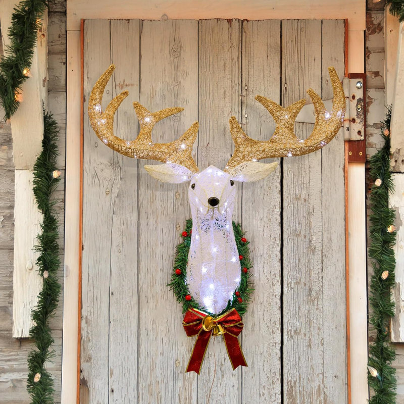 Alcott Hill 28 Inch Lighted Christmas Wall Decor Reindeer Head Pre Lit 3D Rudolph Hanging Wreath With Battery Operated LED Lights 8 Lighting Modes For Indoor Outdoor Festive Xmas Holiday Decoration Wa...